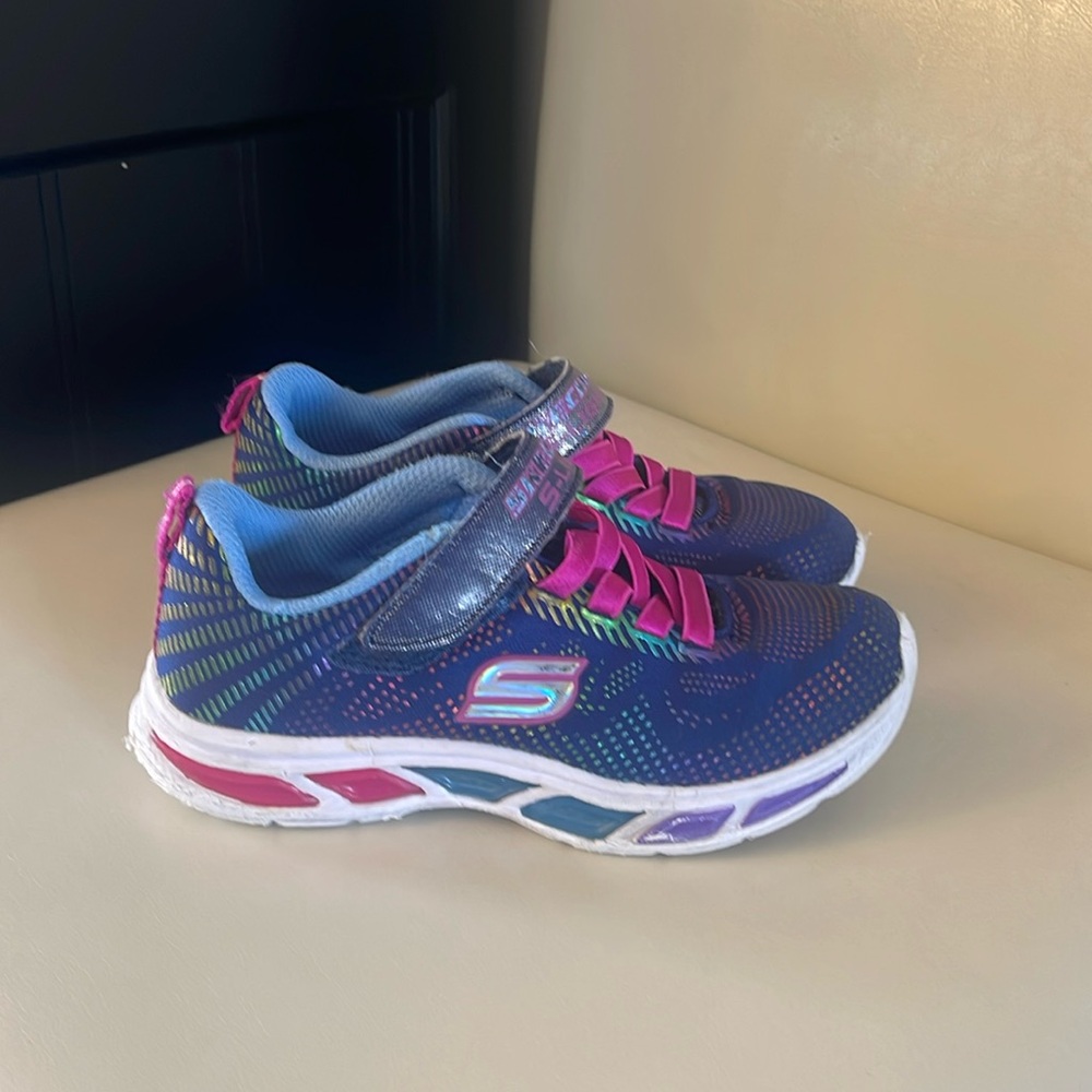 Toddler Skecher sneakers; blue pink, clean condition, minimal wear.